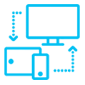 Computer, tablet and iphone connected by dotted arrows